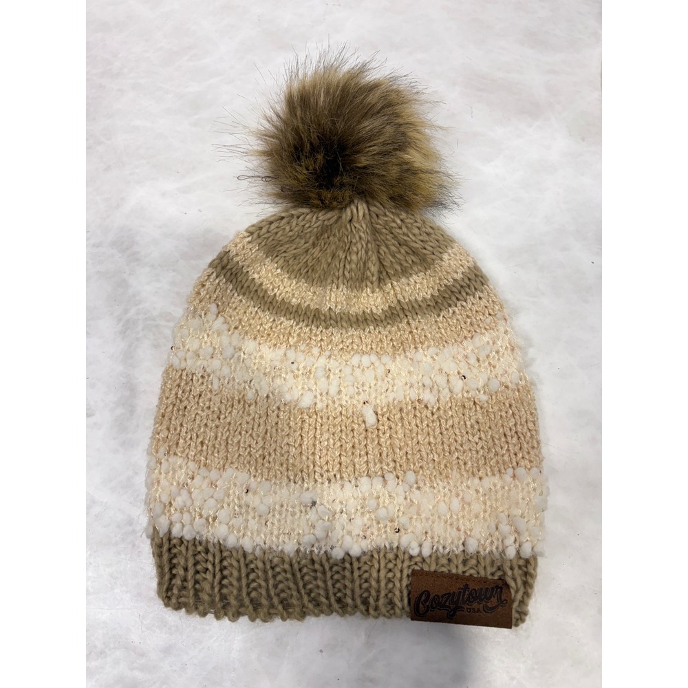 Idyllwind Cozytown USA‎ Striped Knit Beanie Hat with Faux Fur Pom Neutral  Cream